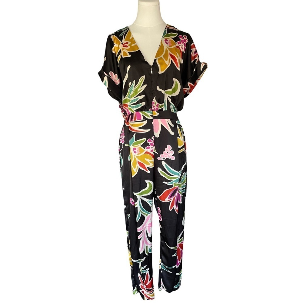 Zara Black Floral Print Satin Jumpsuit Women’s Large - Picture 9 of 16